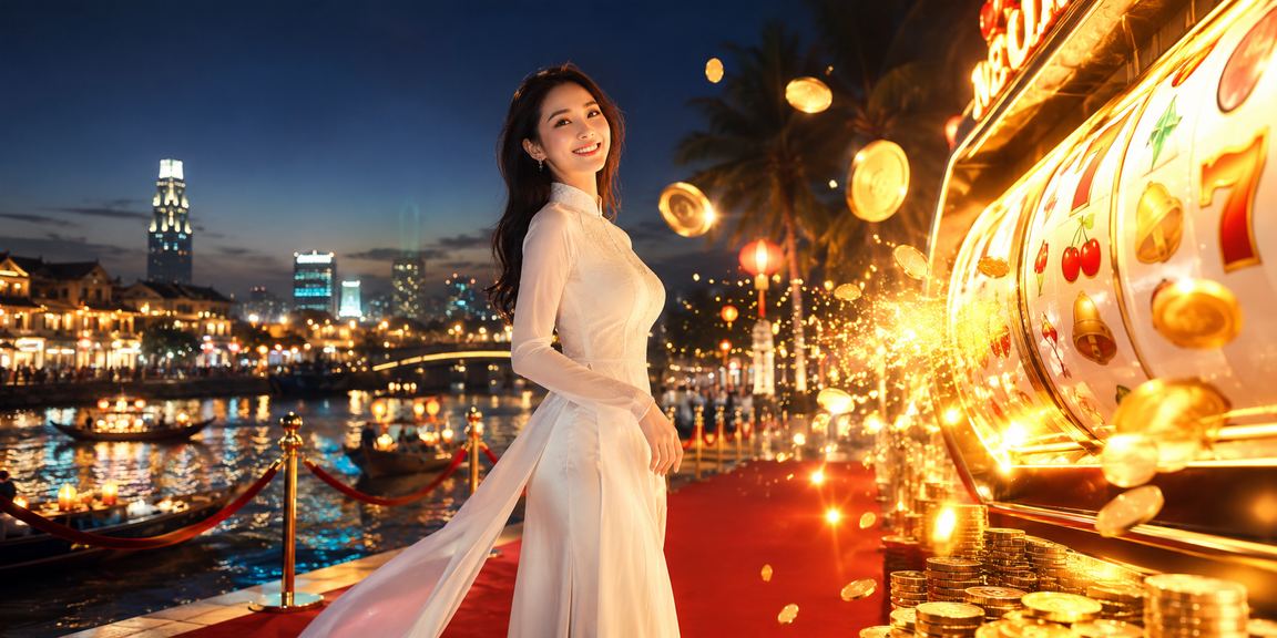 Người phụ nữ mặc áo dài tại Sài Gòn đang chơi slot game jackpot trên điện thoại buổi tối